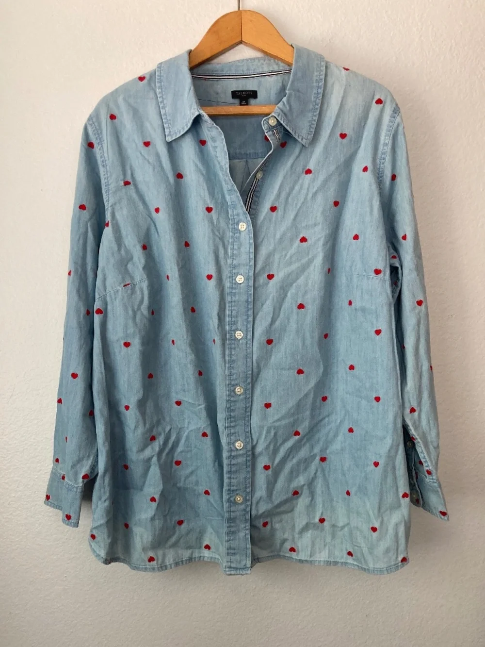 Talbots Embroidered Hearts Chambray Denim Button Front Shirt Top Blue 2X - Picture 1 of 7